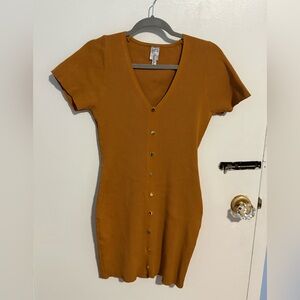 SHUN Ribbed Button-Front V-Neck Mini Dress - Mustard